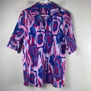 Perlavera Women's Size Medium Pink Blue Abstract Print Cotton Button Up Shirt